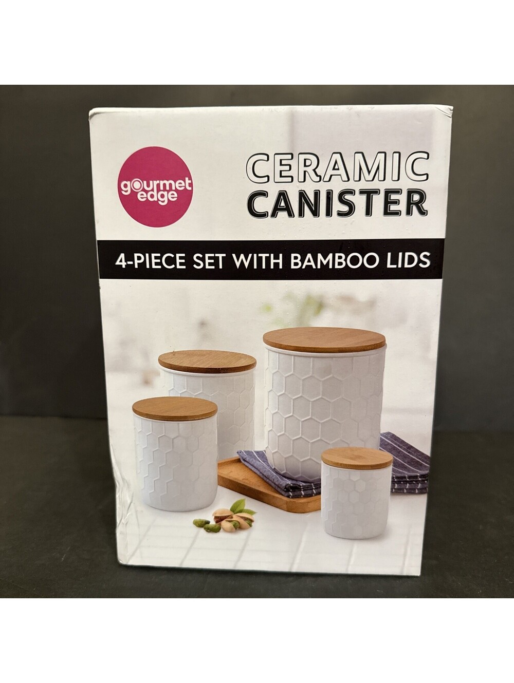 Gourmet Edge Ceramic Canister 4 Piece Set W Bamboo Lids New
